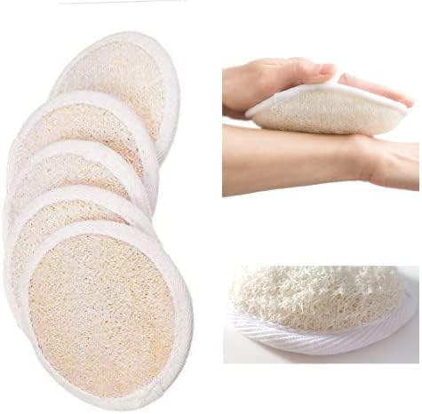 Loofah Pads (Pack of 5) - Exfoliating Scrubbing Sponges - Natural Luffa Material - Essential Skin Care Product - for Shower/Bath - Fibrous Texture - Perfect for Face/Body Wash - Wet It and Apply Soap
