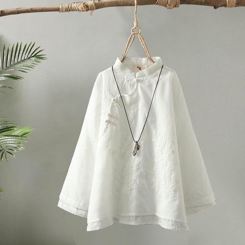 Women'S Retro Embroidered Frog Button Hemp Cotton Shirt Spring Zen Tea Outfit Loose Patchwork round Neck Top