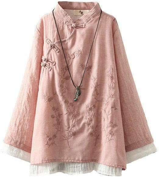 Women'S Retro Embroidered Frog Button Hemp Cotton Shirt Spring Zen Tea Outfit Loose Patchwork round Neck Top