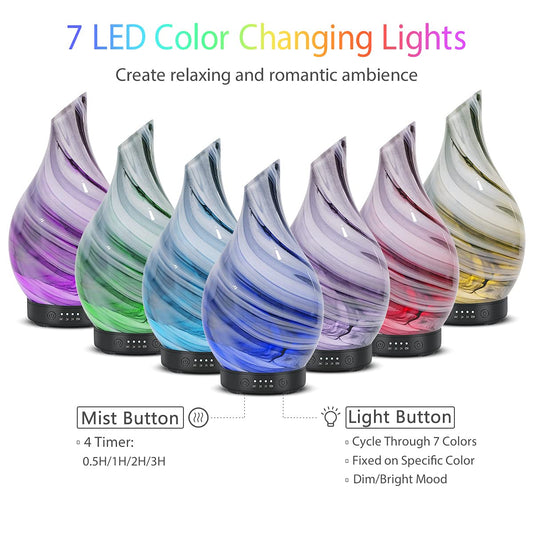Essential Oil Diffuser 120Ml Ultrasonic Aromatherapy Diffuser with Handmade Glass BPA Free Waterless Auto-Off, 4 Timer Setting 7 Colors Changed LED for Home Yoga Office
