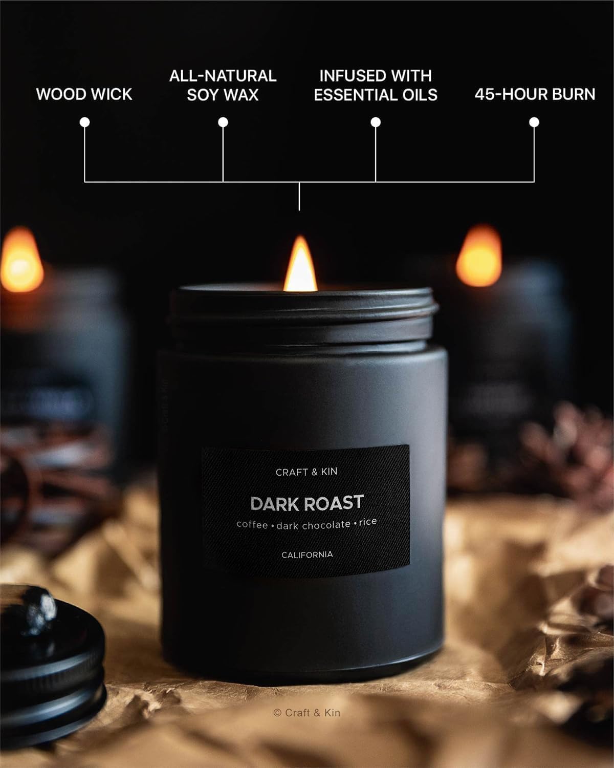 Premium Dark Roast Coffee Candle | Black Christmas Scented Candles for Home | Long Lasting with 45 Hour Burn Time, 7.6Oz | Soy Holiday Candle | Aromatherapy at Home | Gifts for Men