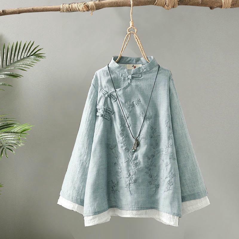 Women'S Retro Embroidered Frog Button Hemp Cotton Shirt Spring Zen Tea Outfit Loose Patchwork round Neck Top