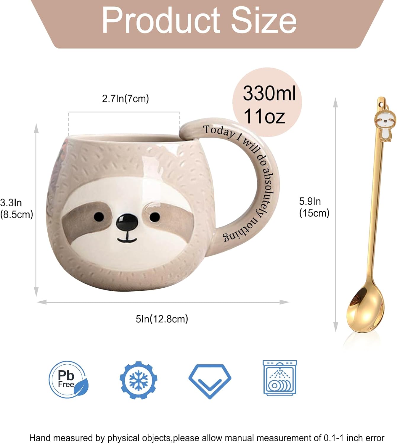 Novelty Sloth Coffee Mug, Cute Travel Tea Mugs, Animal Cup, Cartoon 3D Ceramic Drinkware for Sloths Lovers, Funny Sloth Gifts for Women and Men,Birthday Christmas Gifts, 11Oz /330Ml