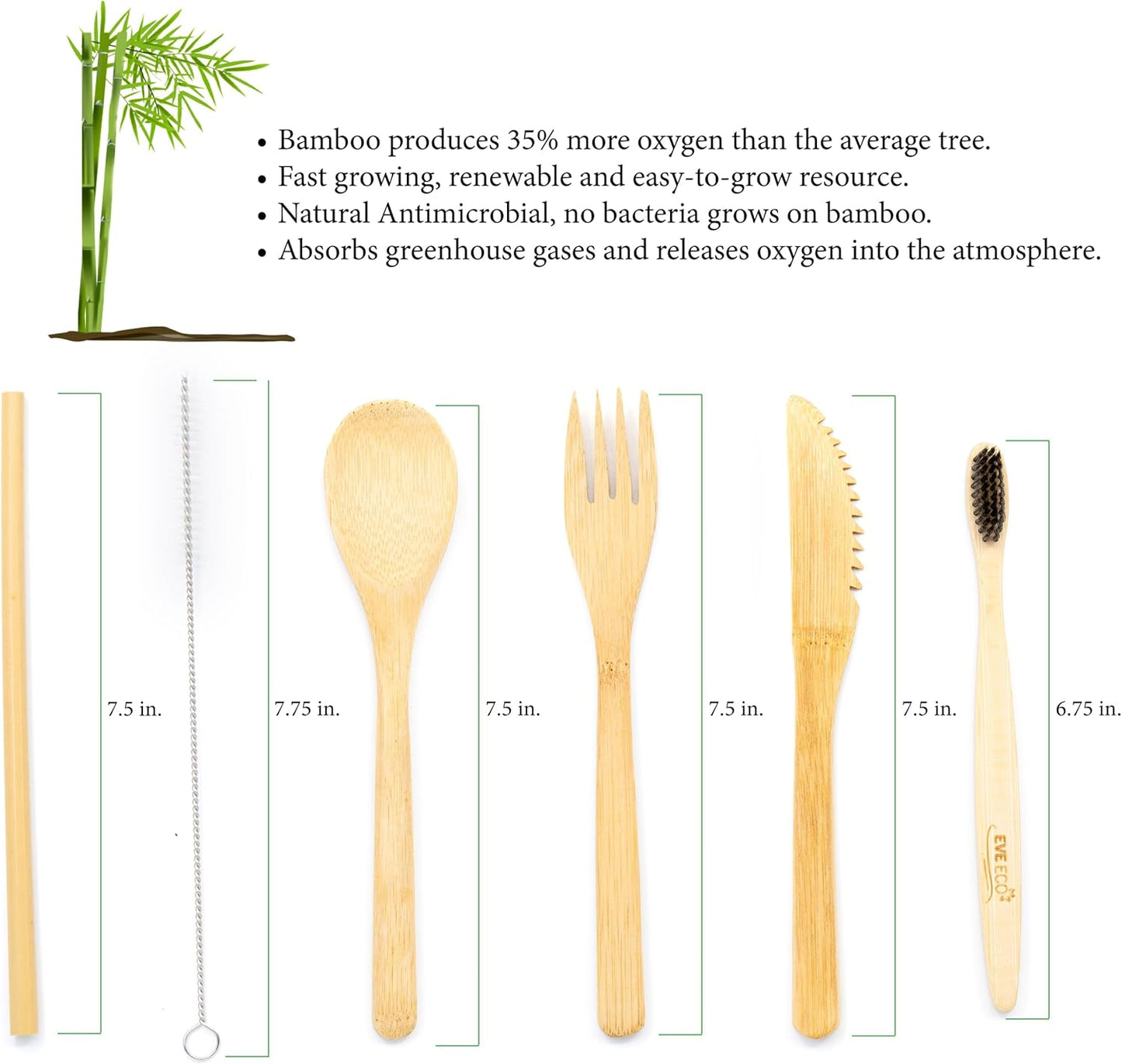 Eco Bamboo Travel Cutlery Set, Spoon, Fork, Knive, Totthbrush, Straw, and Straw Cleaner (Green)