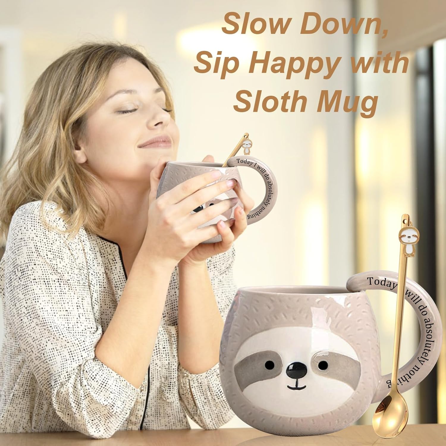 Novelty Sloth Coffee Mug, Cute Travel Tea Mugs, Animal Cup, Cartoon 3D Ceramic Drinkware for Sloths Lovers, Funny Sloth Gifts for Women and Men,Birthday Christmas Gifts, 11Oz /330Ml