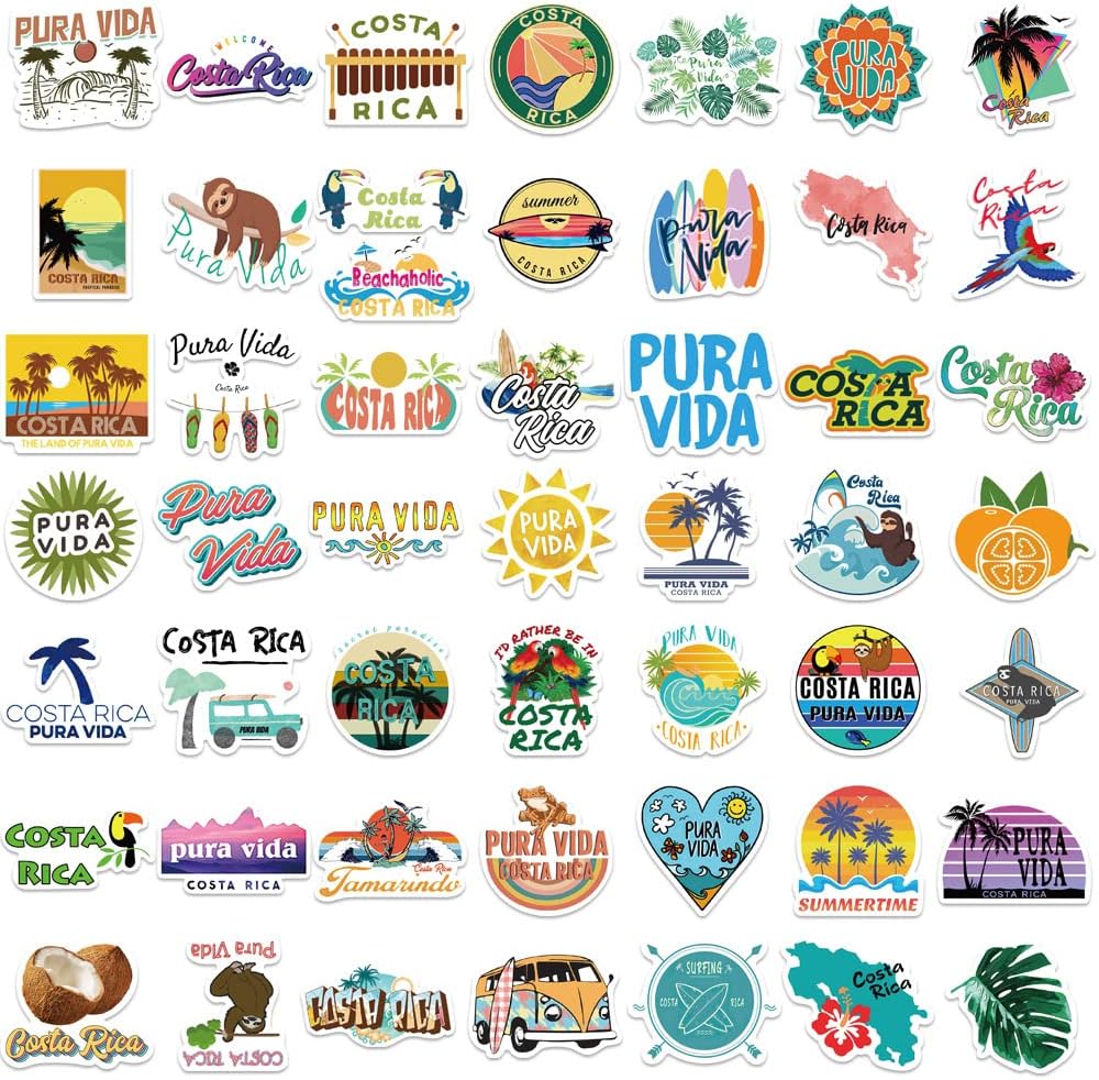 50Pcs Costa Rica Stickers Pack, Aesthetic Pura Vida Waterproof Vinyl Stickers for Water Bottle Laptop Scrapbook Journal, Summer Tropical City Decals for Kids Girls Teens Adults