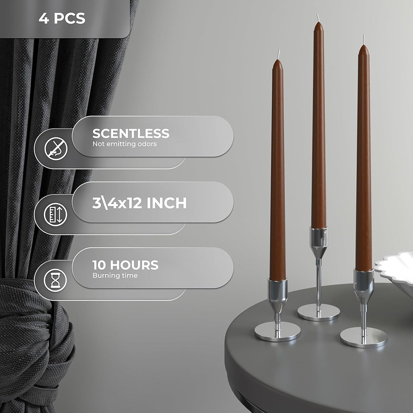 12 Inch Taper Candles Set of 4 - Dripless and Smokeless Unscented - Slow Burning Candle Sticks - Brown Candles
