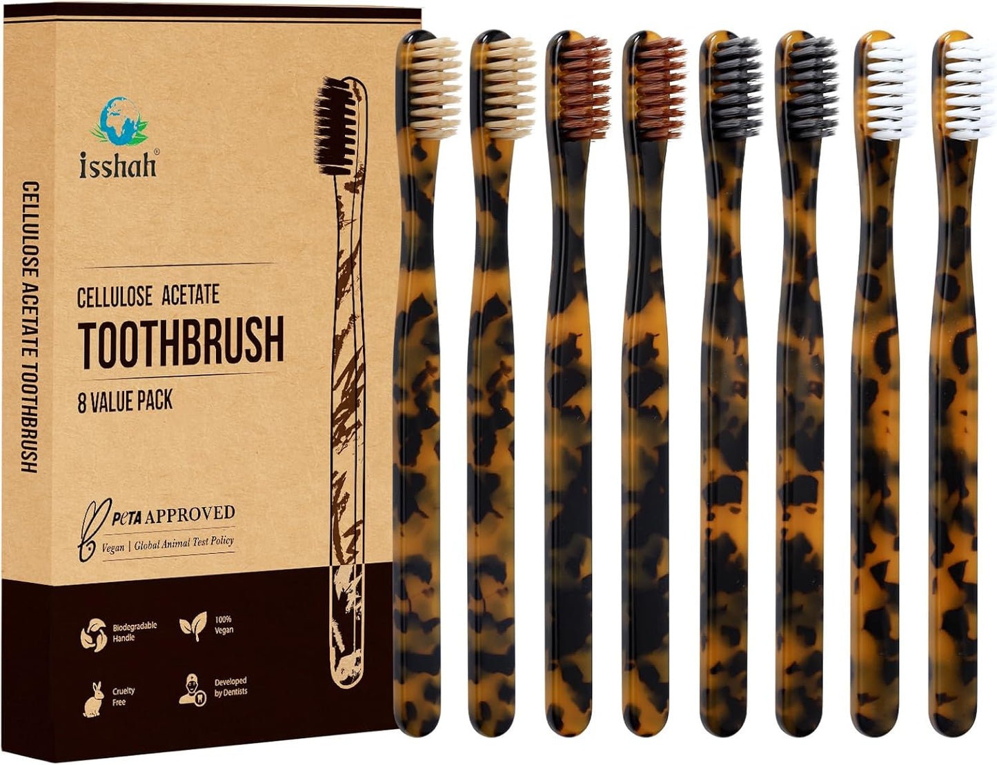 Biodegradable Eco-Friendly Cellulose Acetate Toothbrushes - 8 Count