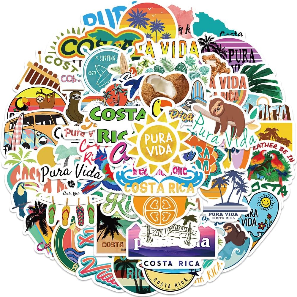 50Pcs Costa Rica Stickers Pack, Aesthetic Pura Vida Waterproof Vinyl Stickers for Water Bottle Laptop Scrapbook Journal, Summer Tropical City Decals for Kids Girls Teens Adults
