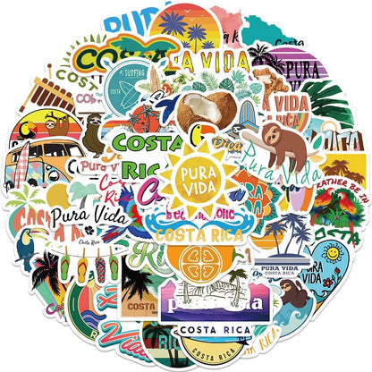 50Pcs Costa Rica Stickers Pack, Aesthetic Pura Vida Waterproof Vinyl Stickers for Water Bottle Laptop Scrapbook Journal, Summer Tropical City Decals for Kids Girls Teens Adults