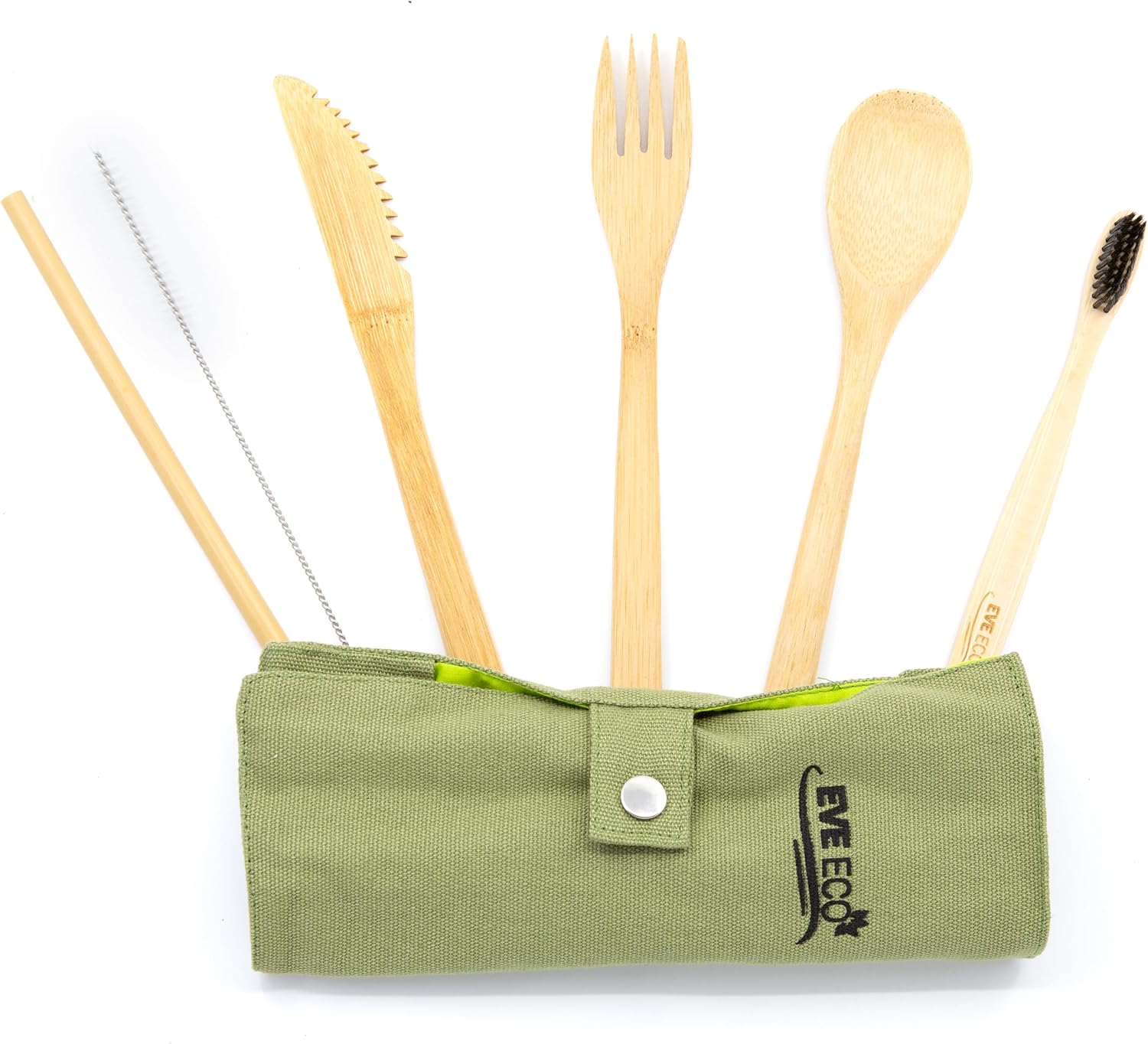 Eco Bamboo Travel Cutlery Set, Spoon, Fork, Knive, Totthbrush, Straw, and Straw Cleaner (Green)