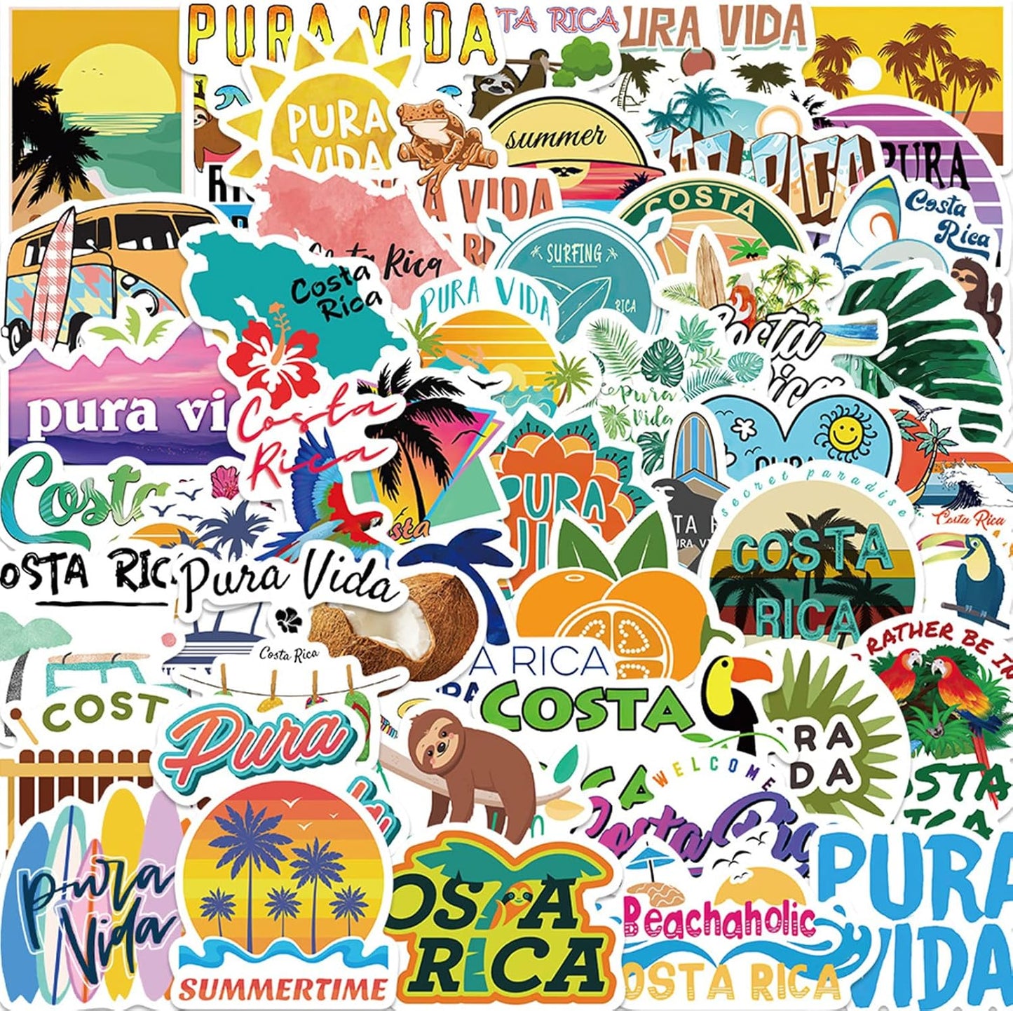 50Pcs Costa Rica Stickers Pack, Aesthetic Pura Vida Waterproof Vinyl Stickers for Water Bottle Laptop Scrapbook Journal, Summer Tropical City Decals for Kids Girls Teens Adults