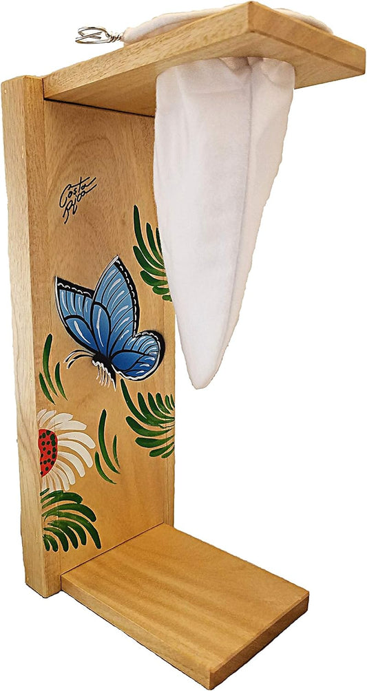 Chorreador,Costa Rican Handmade Portable Foldable Wooden Stand Coffee Maker,Included:1 Large Reusable Cloth Filter(Bolsa De Chorrear Cafe),Model:Blue Morpho Butterfly, Color:Light, Wood: Gmelina