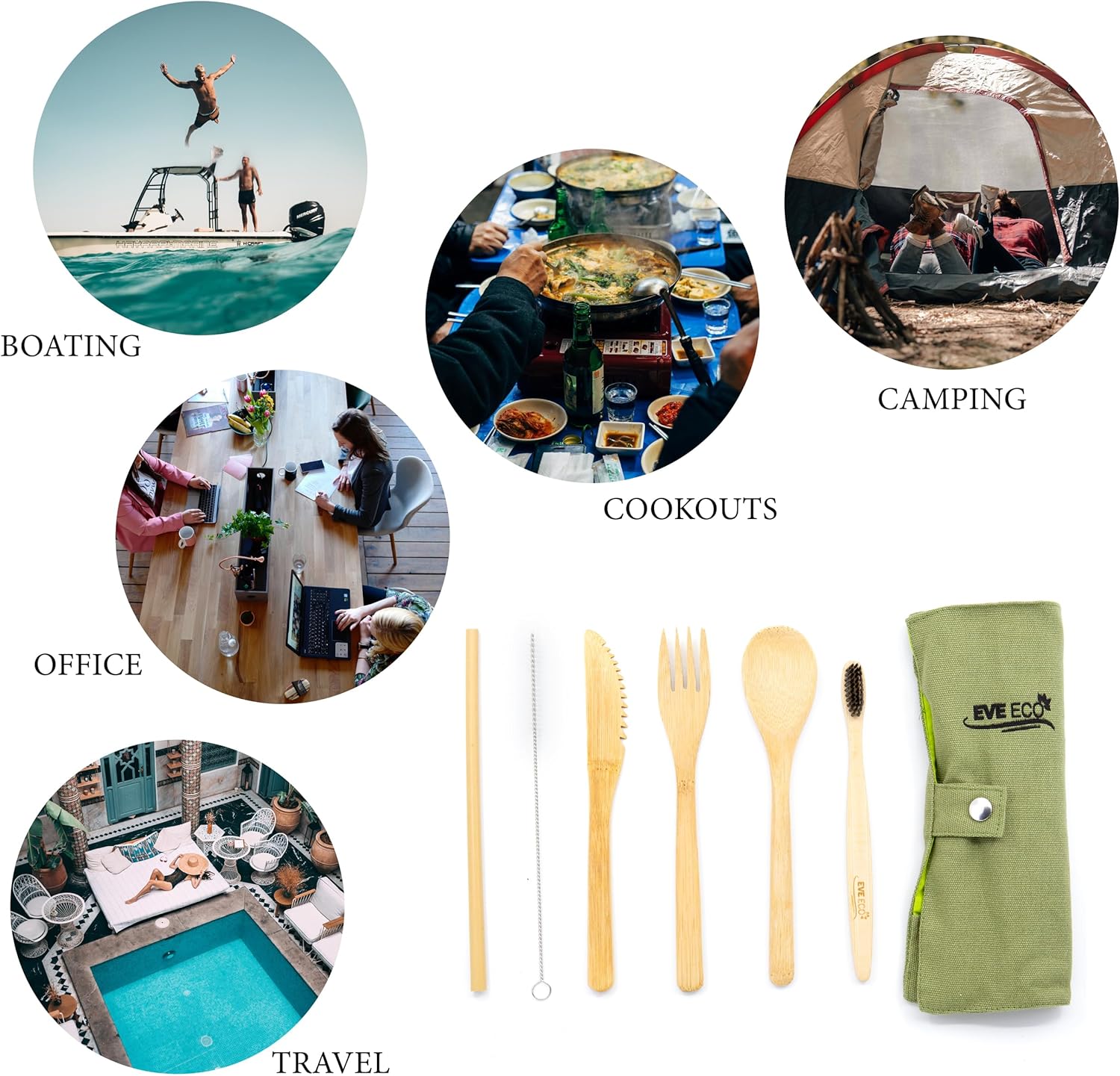 Eco Bamboo Travel Cutlery Set, Spoon, Fork, Knive, Totthbrush, Straw, and Straw Cleaner (Green)