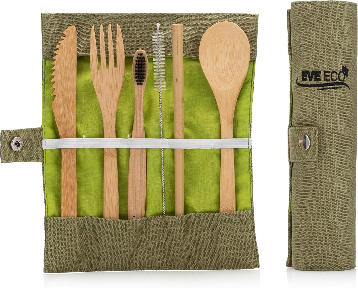 Eco Bamboo Travel Cutlery Set, Spoon, Fork, Knive, Totthbrush, Straw, and Straw Cleaner (Green)