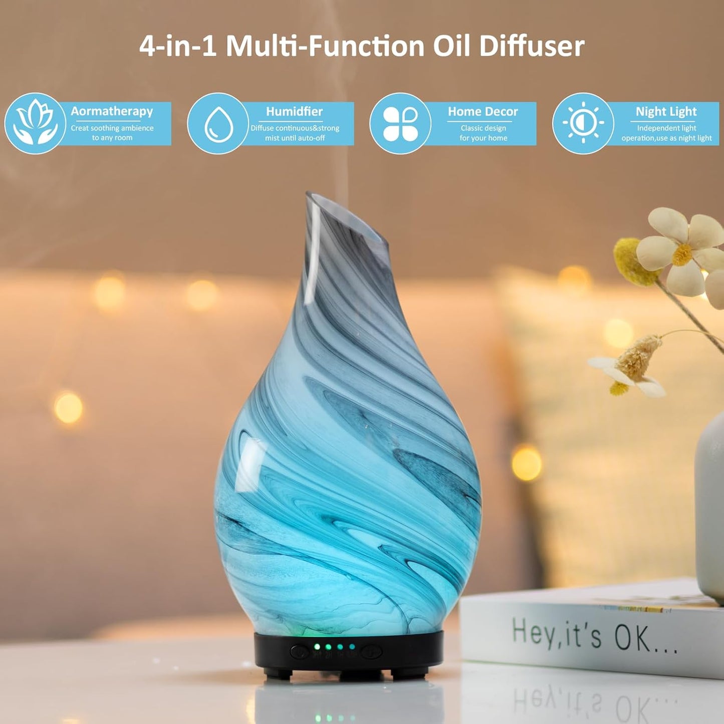 Essential Oil Diffuser 120Ml Ultrasonic Aromatherapy Diffuser with Handmade Glass BPA Free Waterless Auto-Off, 4 Timer Setting 7 Colors Changed LED for Home Yoga Office