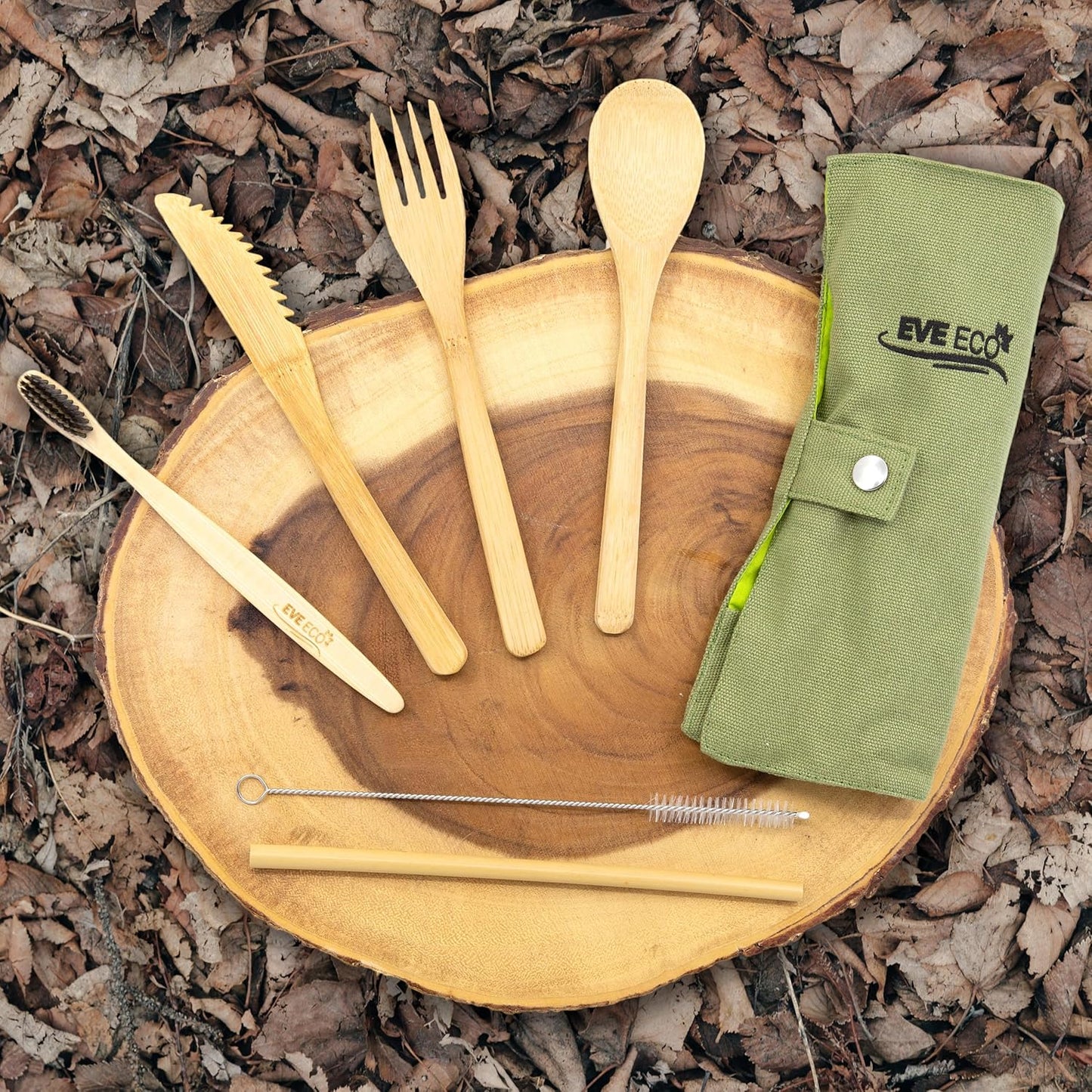 Eco Bamboo Travel Cutlery Set, Spoon, Fork, Knive, Totthbrush, Straw, and Straw Cleaner (Green)
