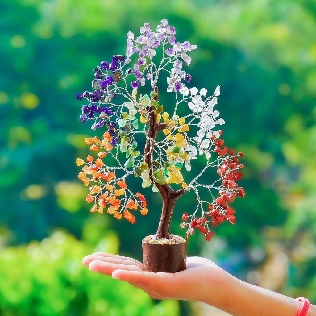 Crystal Chakra Tree for Reiki Healing - Premium Meditation Decor - Seven Chakra Tree Wrapped on Silver Wires - Feng Shui Bonsai Money Tree of Life Decor Home Office Crystal Gifts