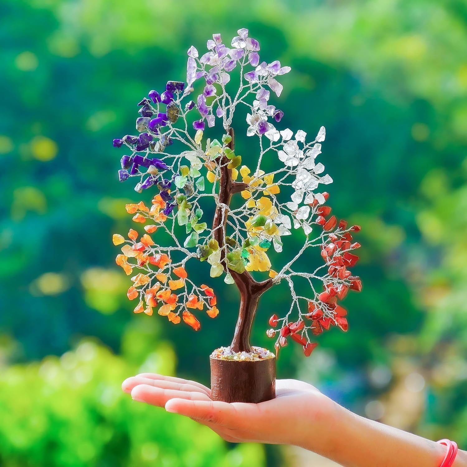 Crystal Chakra Tree for Reiki Healing - Premium Meditation Decor - Seven Chakra Tree Wrapped on Silver Wires - Feng Shui Bonsai Money Tree of Life Decor Home Office Crystal Gifts