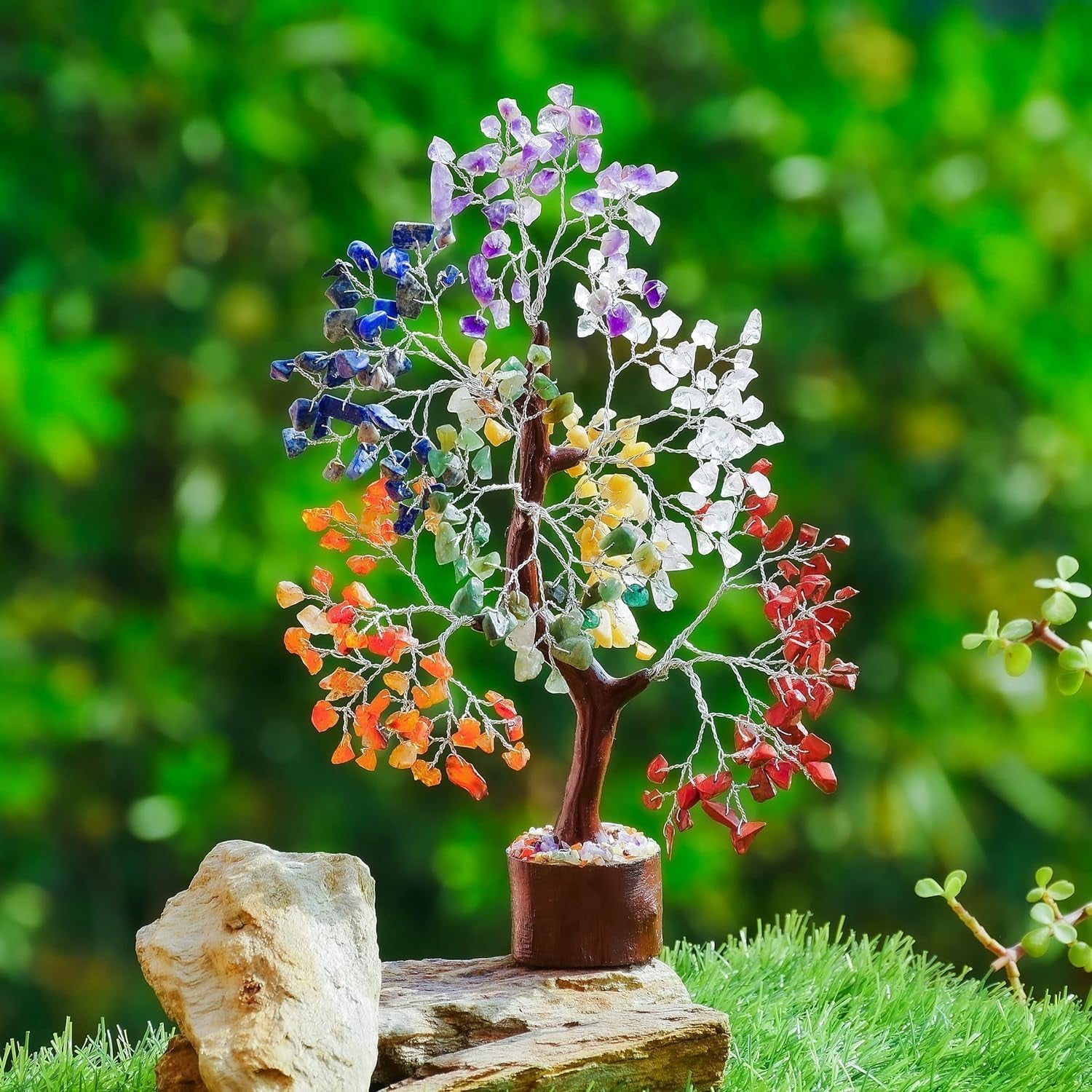 Crystal Chakra Tree for Reiki Healing - Premium Meditation Decor - Seven Chakra Tree Wrapped on Silver Wires - Feng Shui Bonsai Money Tree of Life Decor Home Office Crystal Gifts